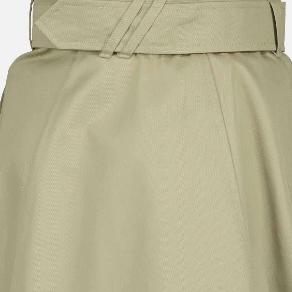 trench mini skirt, Burberry fashion, cotton gabardine skirt, beige skirt, adjustable waist skirt