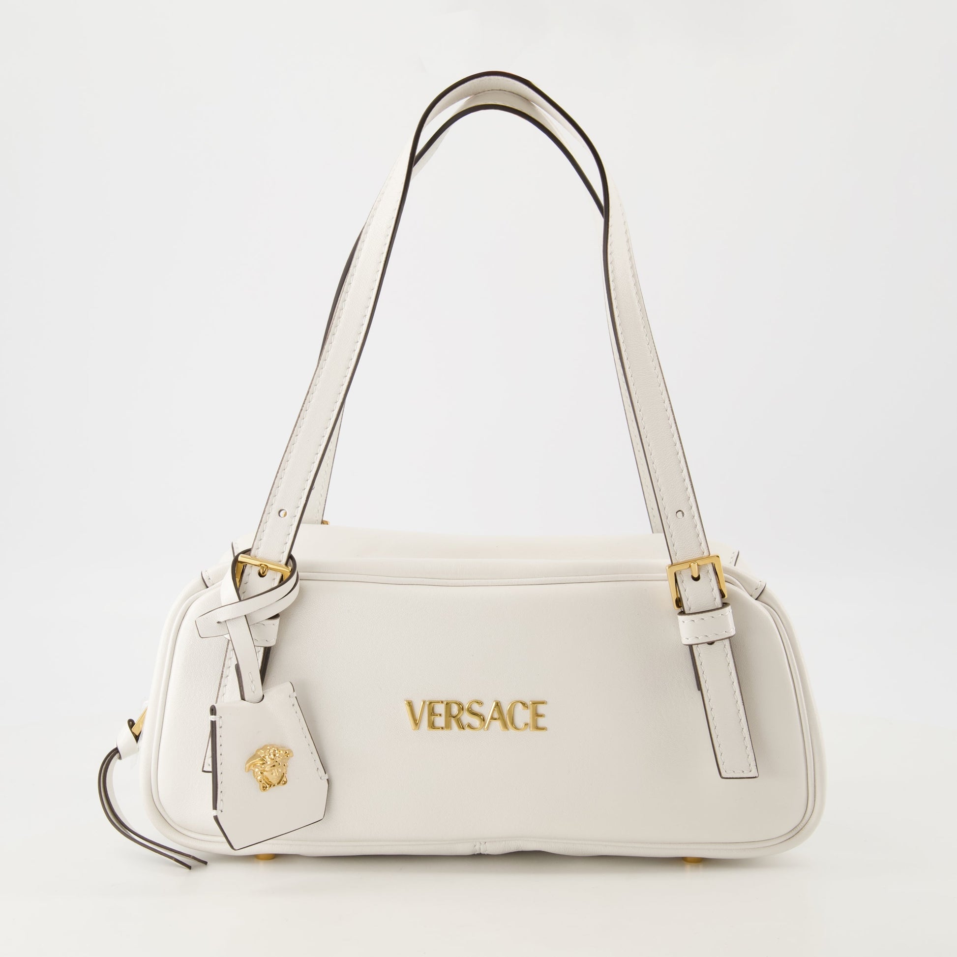 White leather bag, Bowling bag, Versace accessories, Medusa finish, Spring-Summer collection