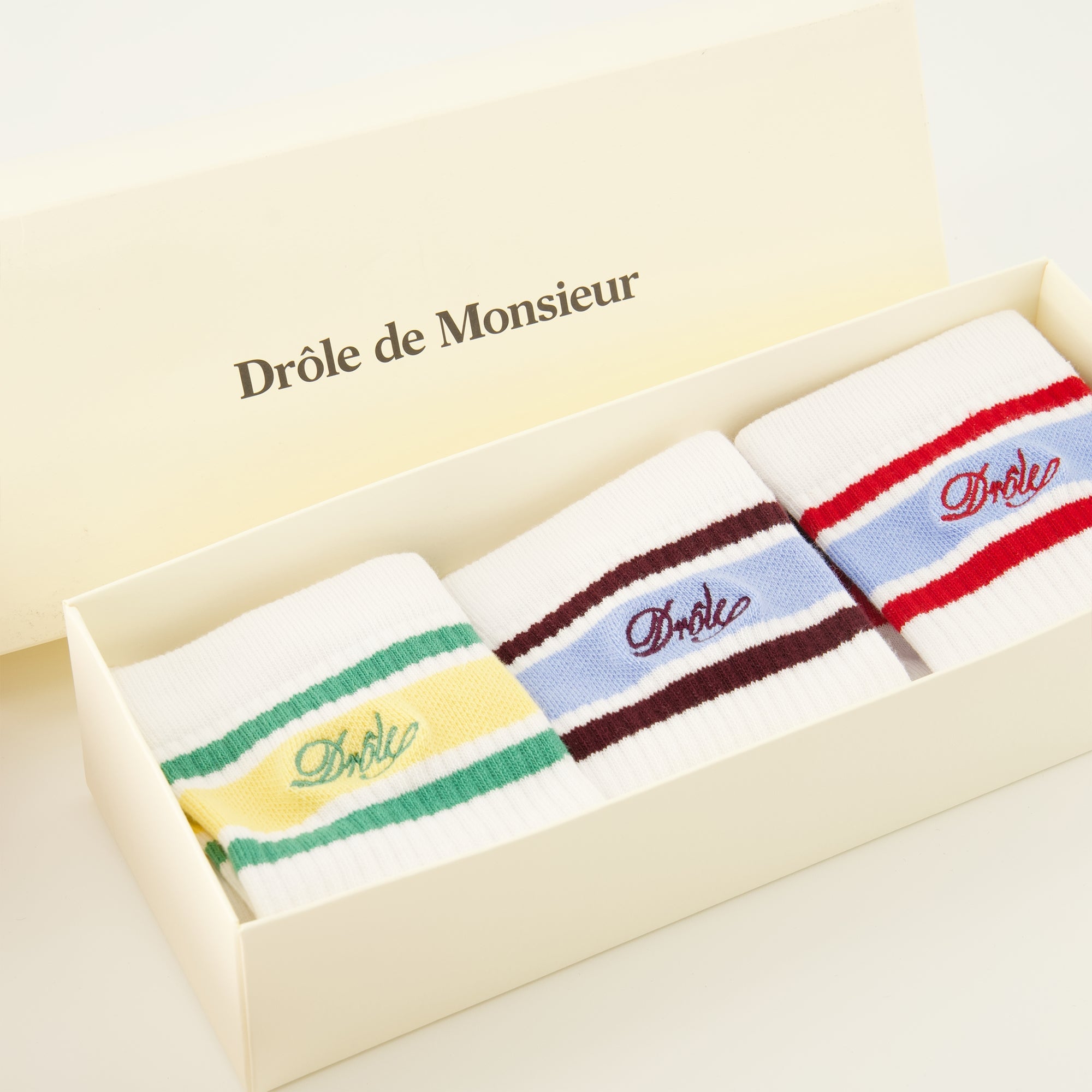 striped socks, Drôle De Monsieur, cotton socks, embroidered logo, men's accessories