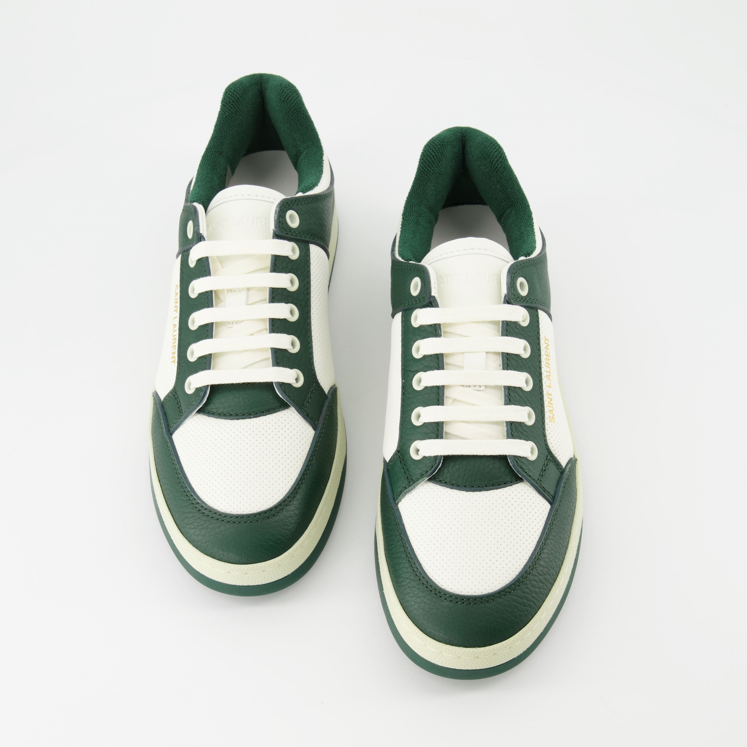 Image of White and Green Textured Leather Sneakers by Saint Laurent for Men - Season Autumn-Winter 2024 - Top View Pair