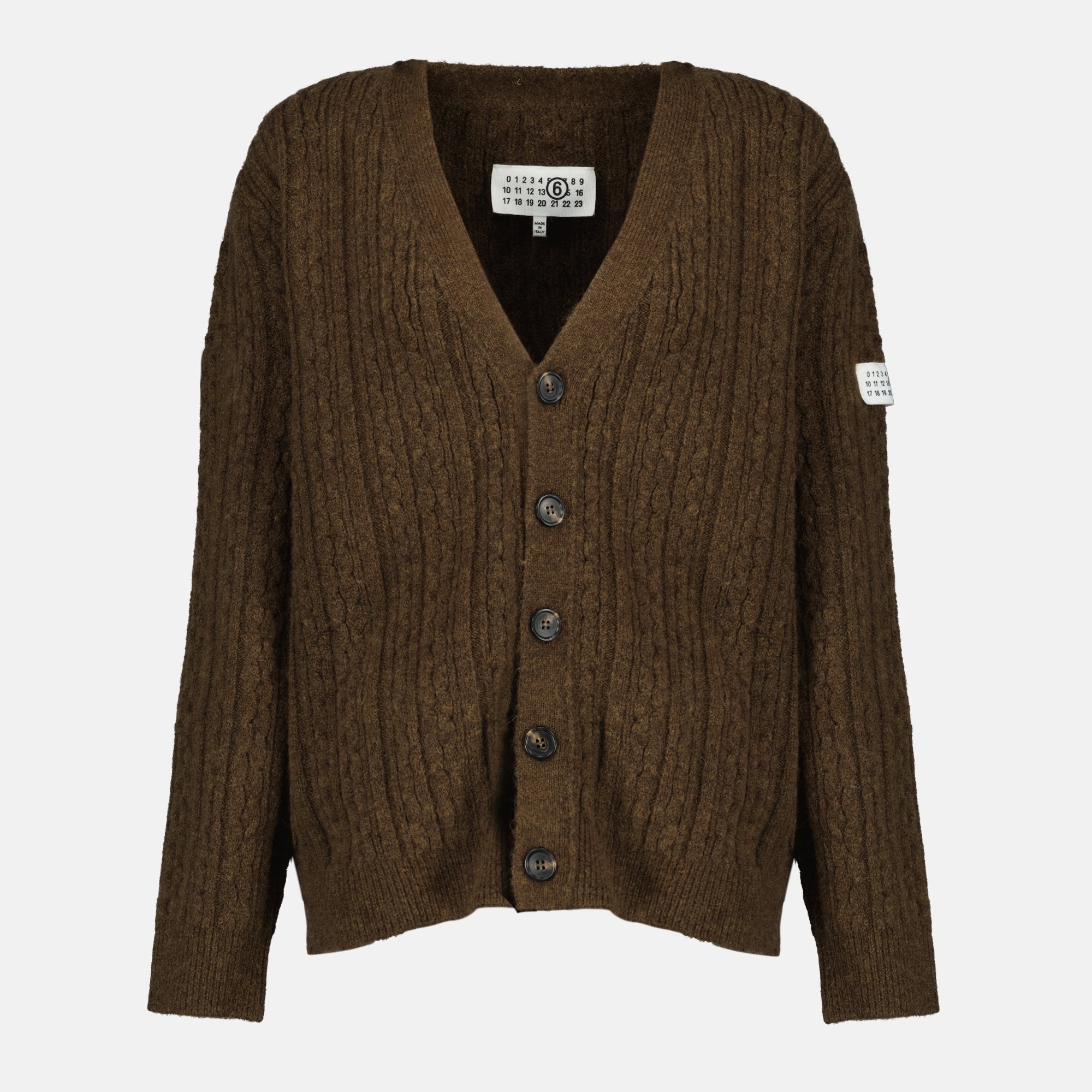 brown cardigan, MM6 cardigan, wool cardigan, ribbed cardigan, autumn-winter fashion