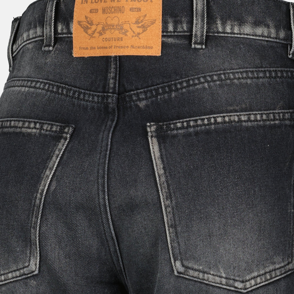 black denim jeans, Moschino jeans, straight cut jeans, five pocket design, denim fashion