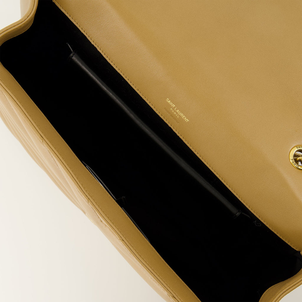 YSL Chevron Bag, taupe handbag, quilted design, luxury accessories, Saint Laurent bag