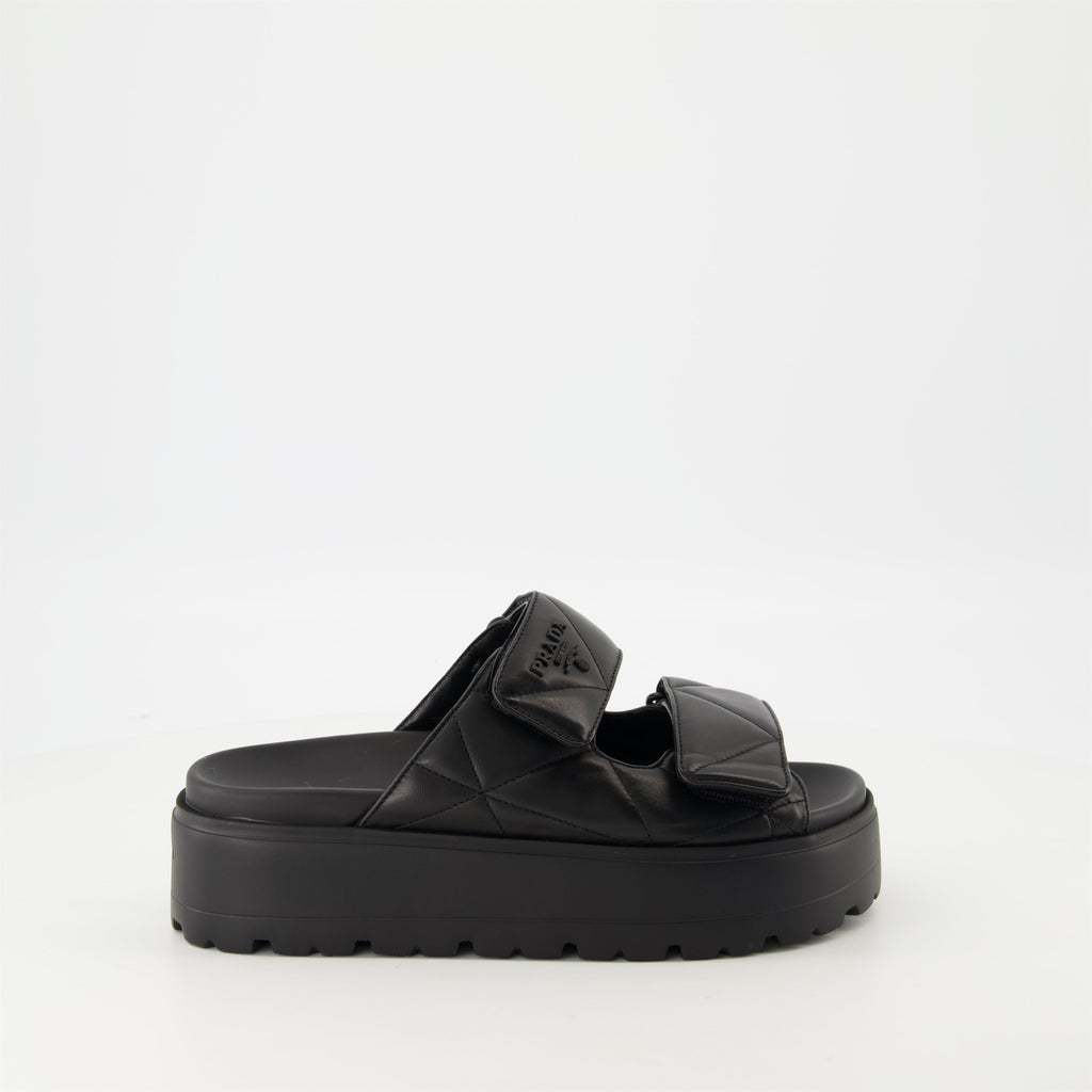 black mules, nappa leather footwear, quilted mules, Prada footwear, women's mules