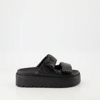 black mules, nappa leather footwear, quilted mules, Prada footwear, women's mules