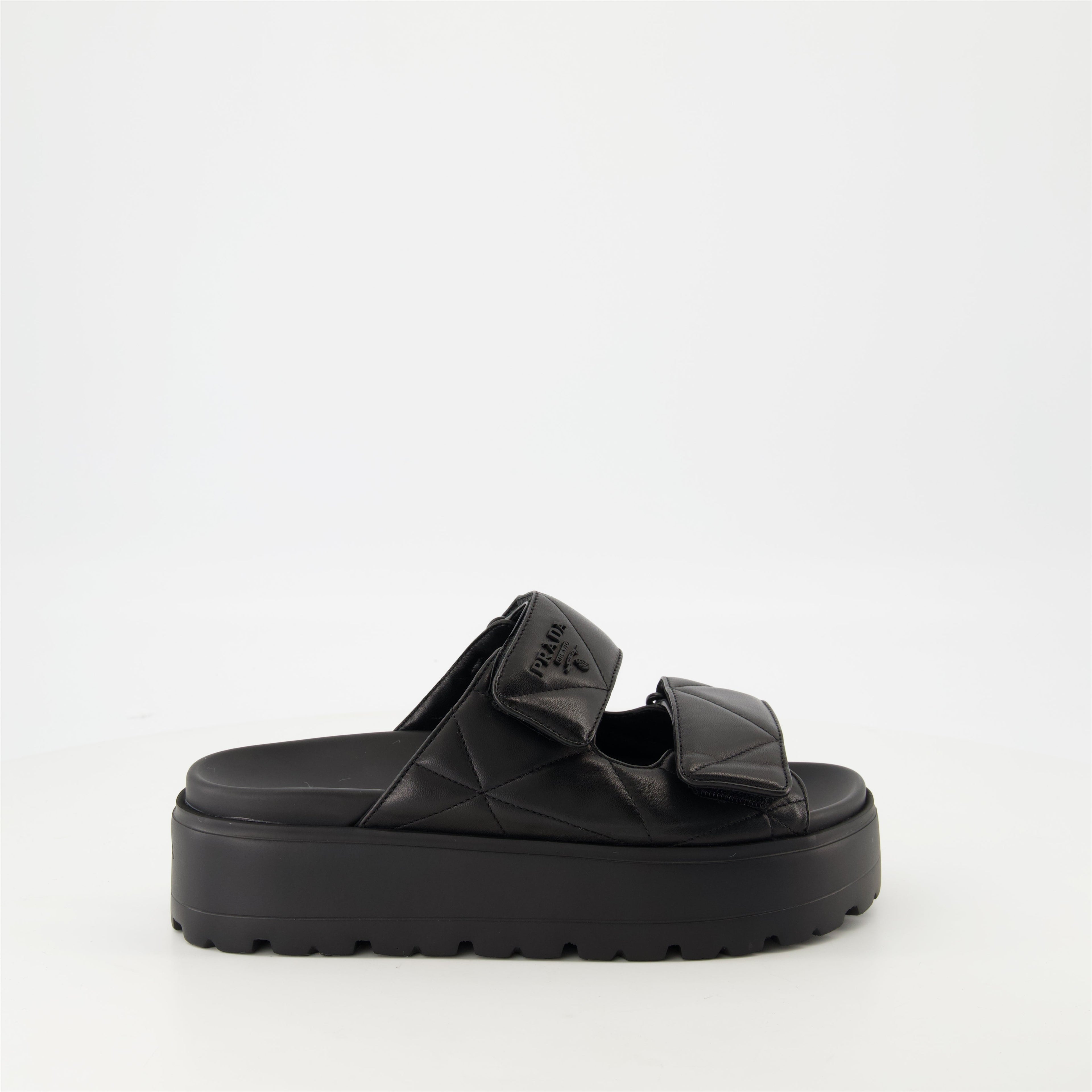 black mules, nappa leather footwear, quilted mules, Prada footwear, women's mules