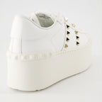 luxurious sneakers, Valentino Garavani, white leather shoes, Rockstud sneakers, flatform sneakers