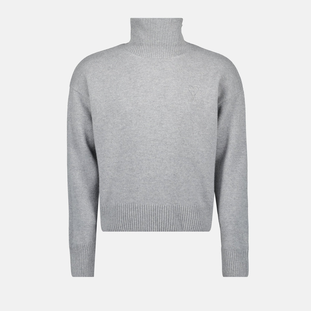 Ami Paris sweater, turtleneck gray knitwear, merino wool cashmere blend, unisex fashion, Autumn-Winter 2025 collection