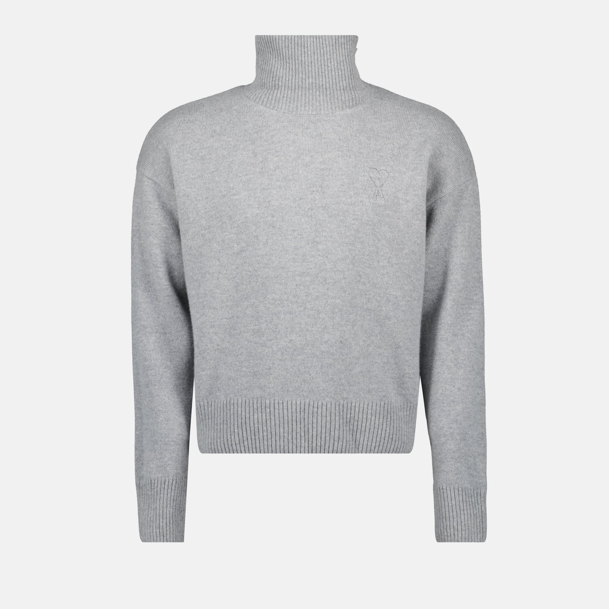 Ami Paris sweater, turtleneck gray knitwear, merino wool cashmere blend, unisex fashion, Autumn-Winter 2025 collection