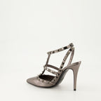Valentino, Rockstud Heels, Silver Shoes, Luxury Fashion, Pointed Heels