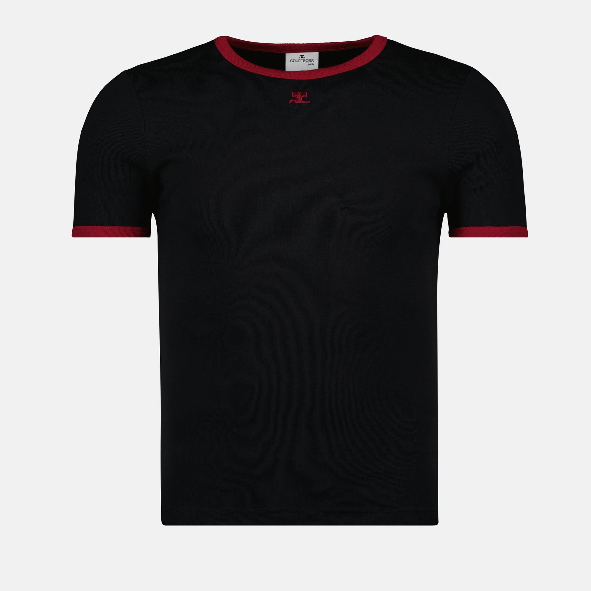 black t-shirt, red details, everyday wear, embroidered logo, slim fit