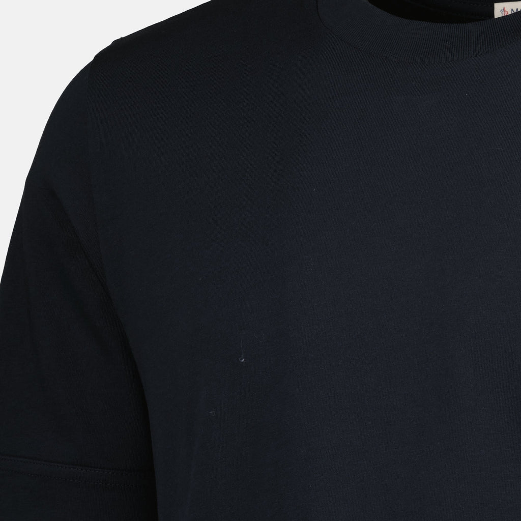 Image of Navy Blue Leather Logo T-Shirt by Moncler for Men - Season Autumn-Winter 2025 - Detail View 5
