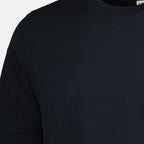 Image of Navy Blue Leather Logo T-Shirt by Moncler for Men - Season Autumn-Winter 2025 - Detail View 5