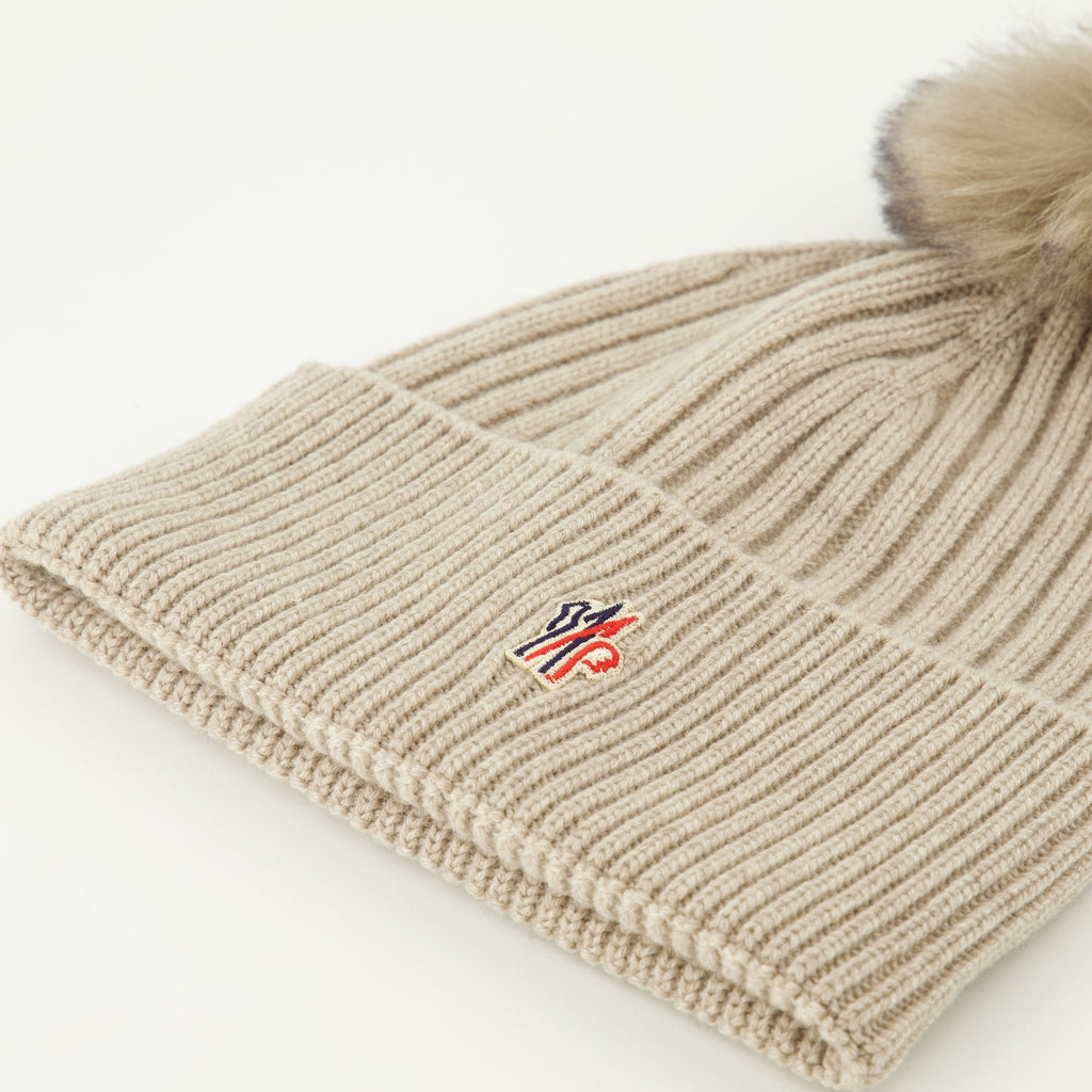 Moncler Grenoble beanie, cashmere beanie, beige pompom hat, autumn accessories, luxury winterwear
