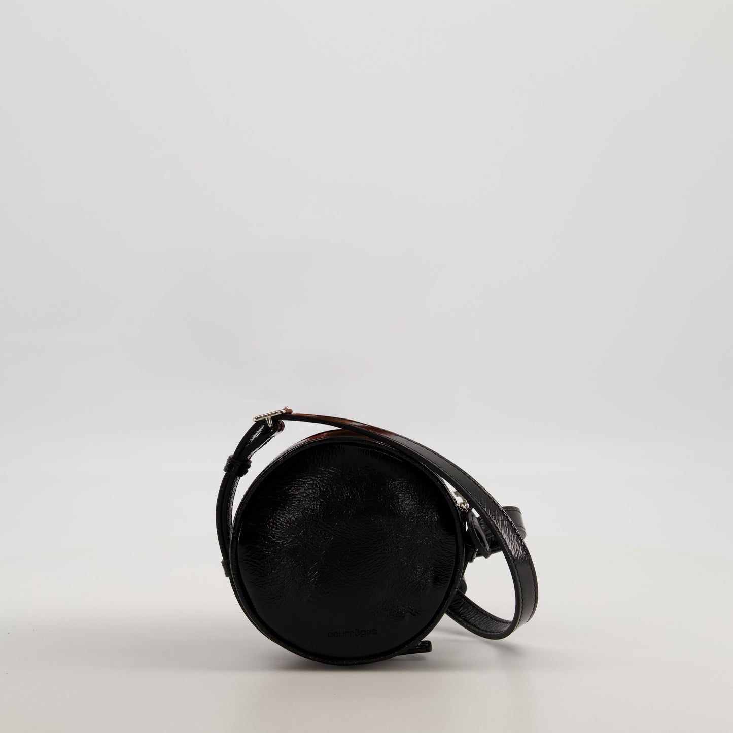 Circular leather bag, black bag, unisex accessory, adjustable strap, semi-gloss leather