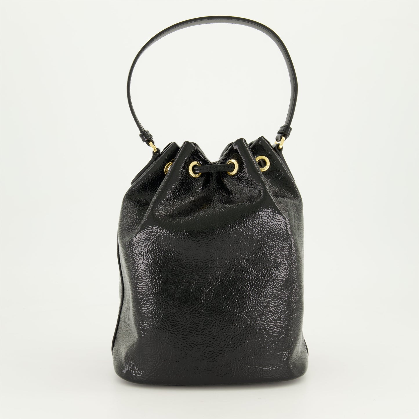 Prada bucket bag, patent leather bag, drawstring bag, black handbag, luxury accessories