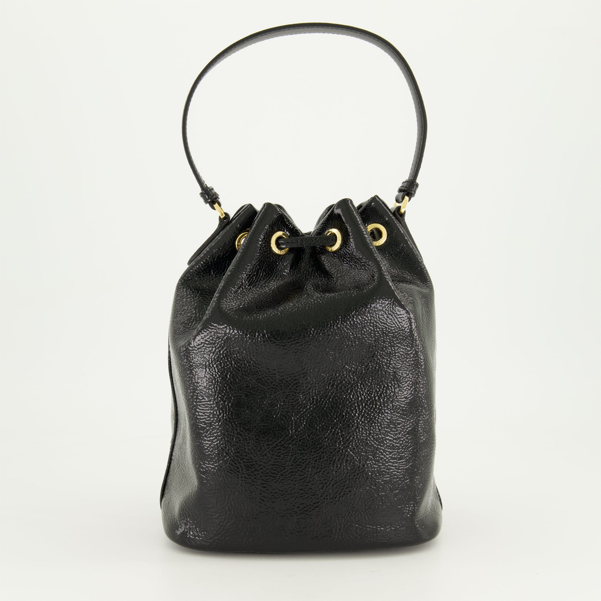 Prada bucket bag, patent leather bag, drawstring bag, black handbag, luxury accessories