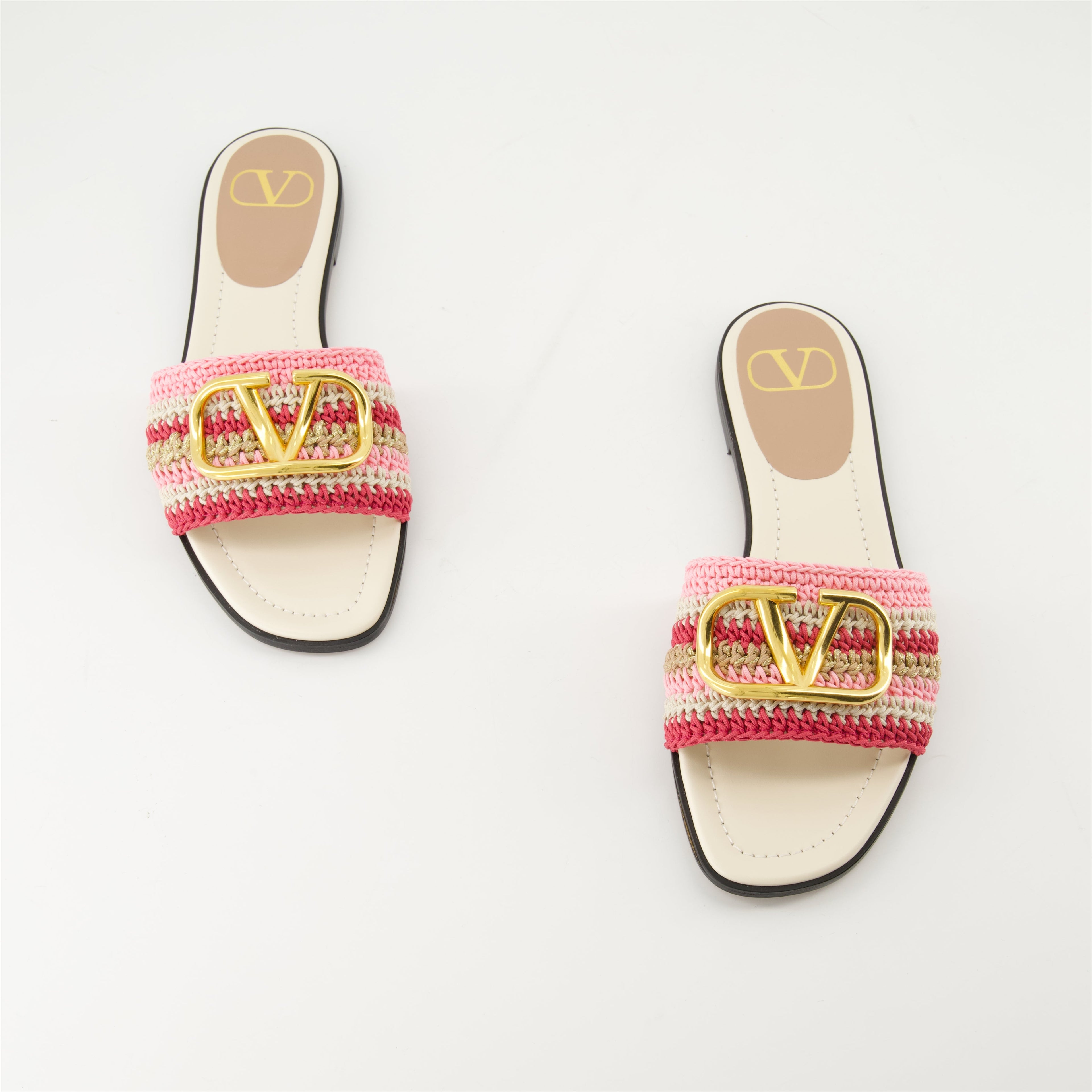 crochet sandals, pink VLogo sandals, embroidered footwear, elegant slide sandals, summer chic sandals