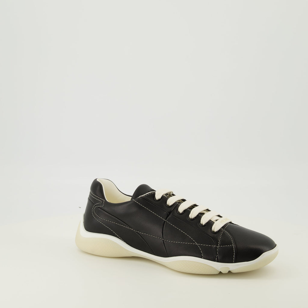 Prada sneakers, black leather footwear, comfort sneakers, rubber sole shoes, stylish lace-up shoes