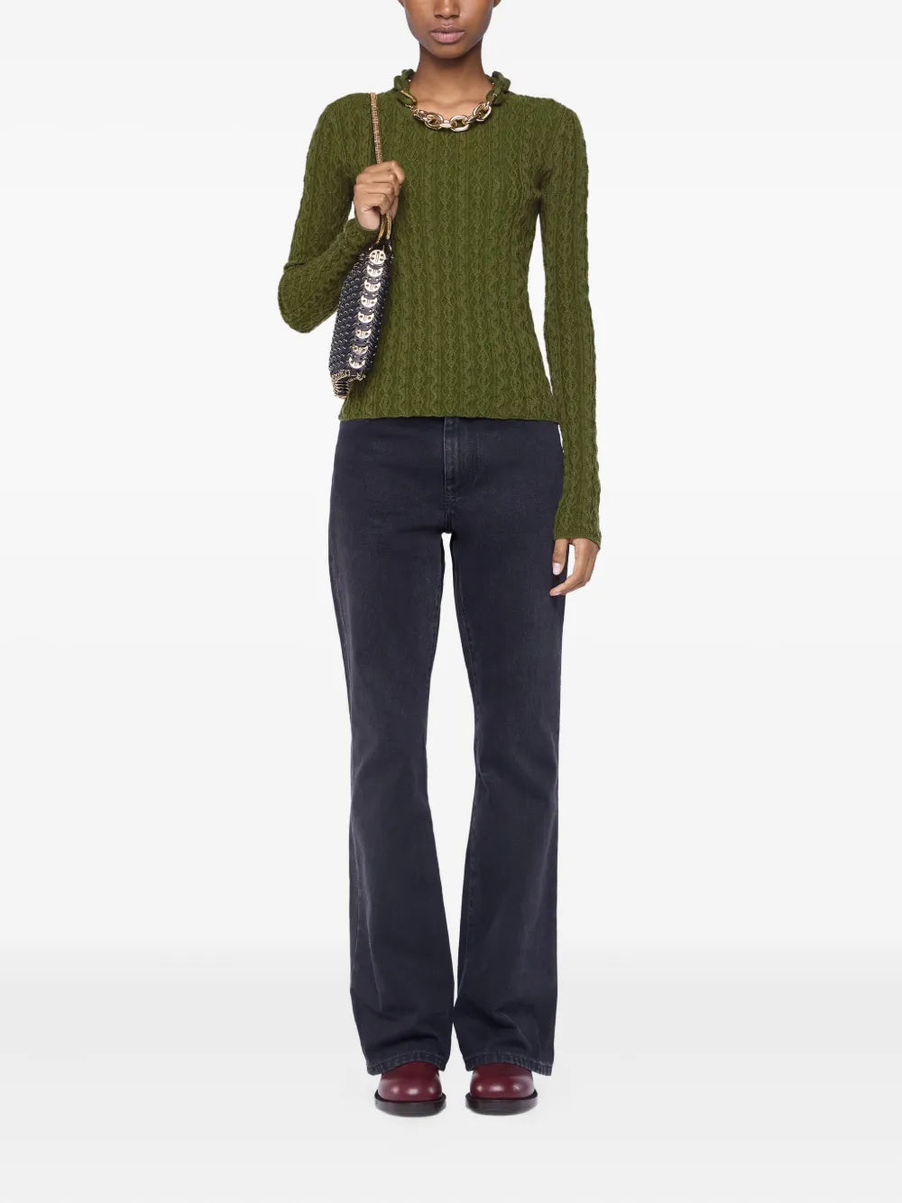 Kaki Wool Knit Sweater with Chain