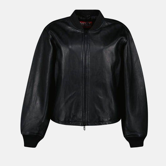 Black bomber jacket, Diesel L-Ilyan, leather bomber, women's bomber jacket, textured leather