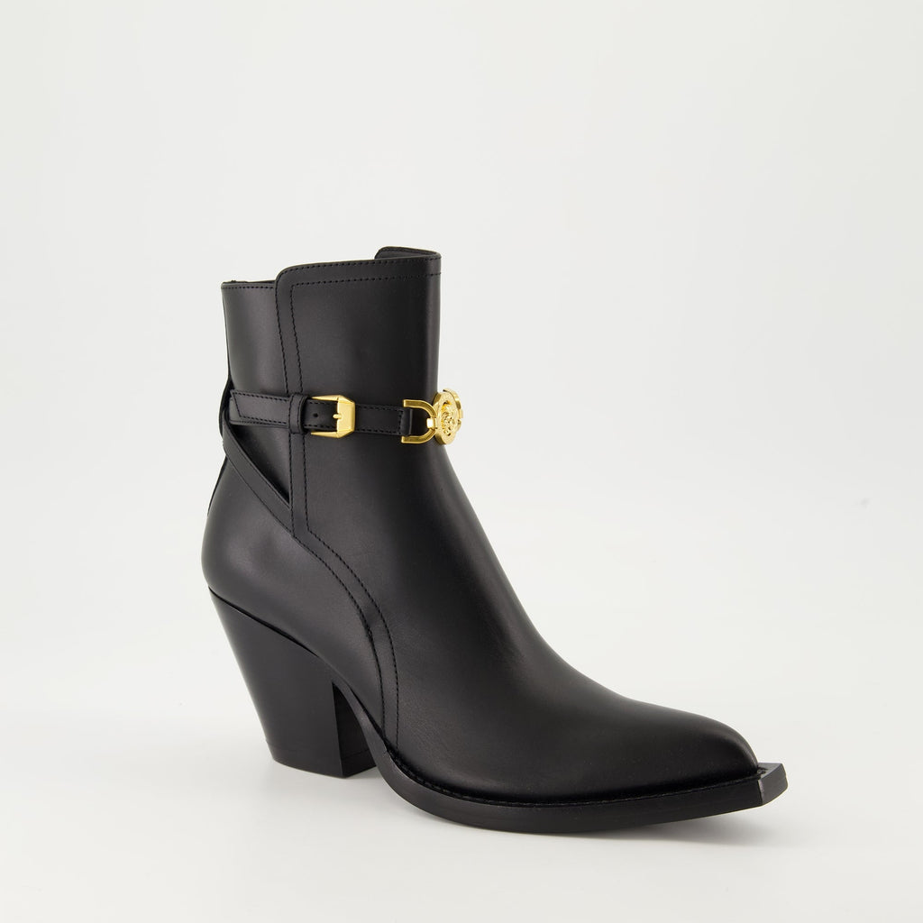 Versace boots, Medusa '95, smooth leather boots, luxury footwear, elegant black boots