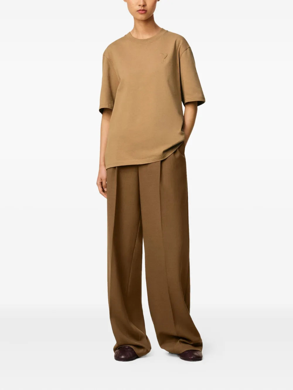 Image of Brown Cotton T-Shirt by Ami PARIS for Unisex - Season Autumn-Winter 2025 - Model view 6