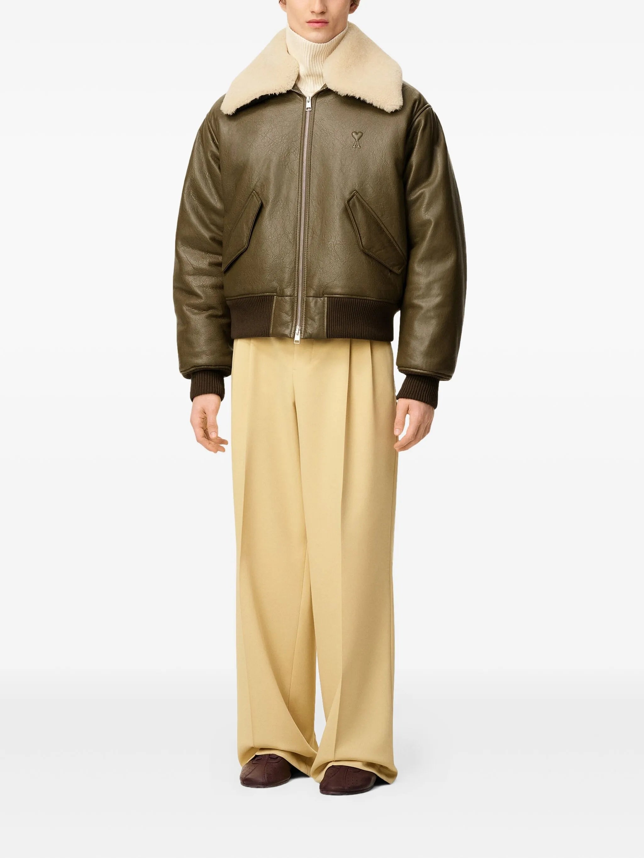 Image of AMI Paris Kaki Leather Jacket by Ami PARIS for Men - Season Autumn-Winter 2025 - Model view 1