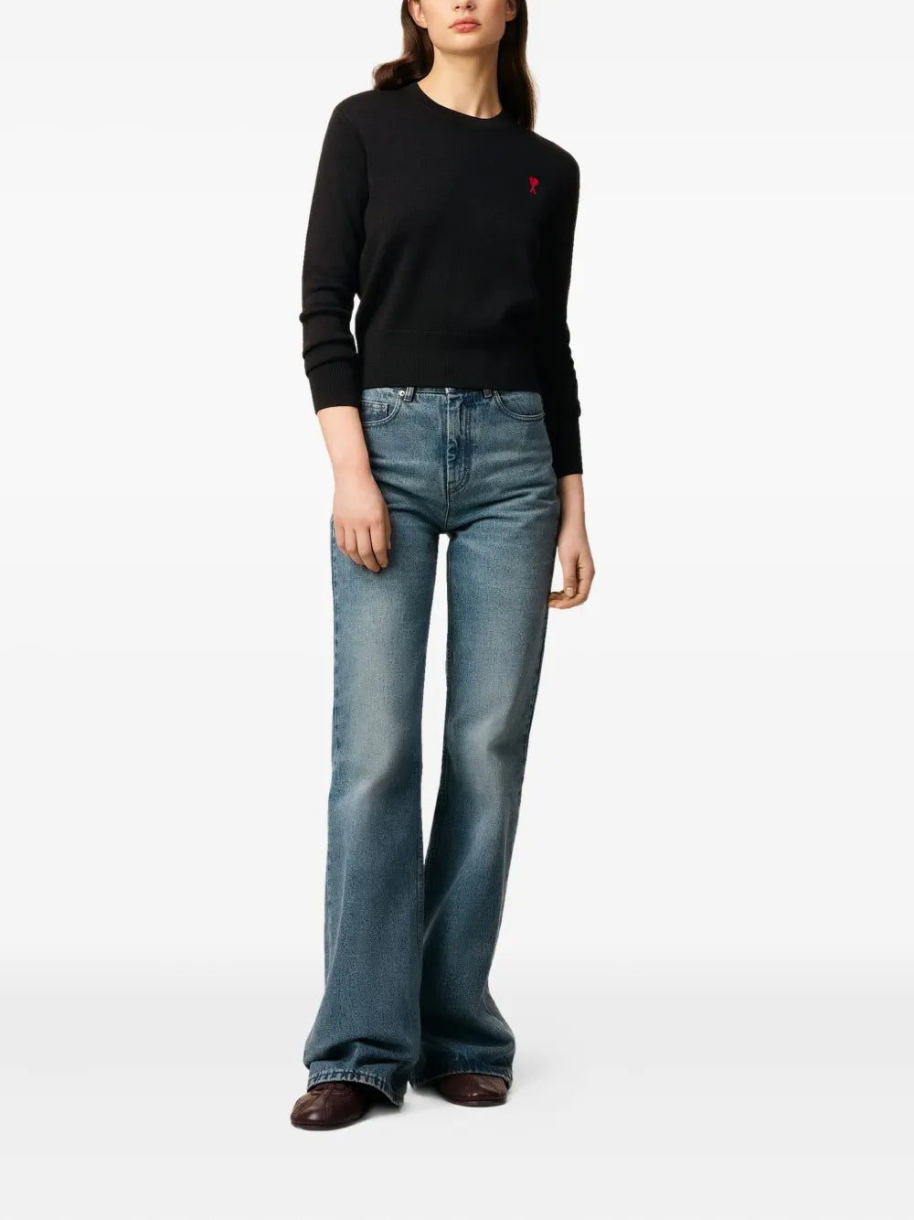 Image of Ami de Coeur Black Sweater by Ami PARIS for Women - Season Autumn-Winter 2025 - Model view 1