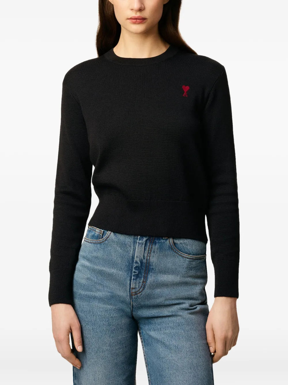 Image of Ami de Coeur Black Sweater by Ami PARIS for Women - Season Autumn-Winter 2025 - Model view 4