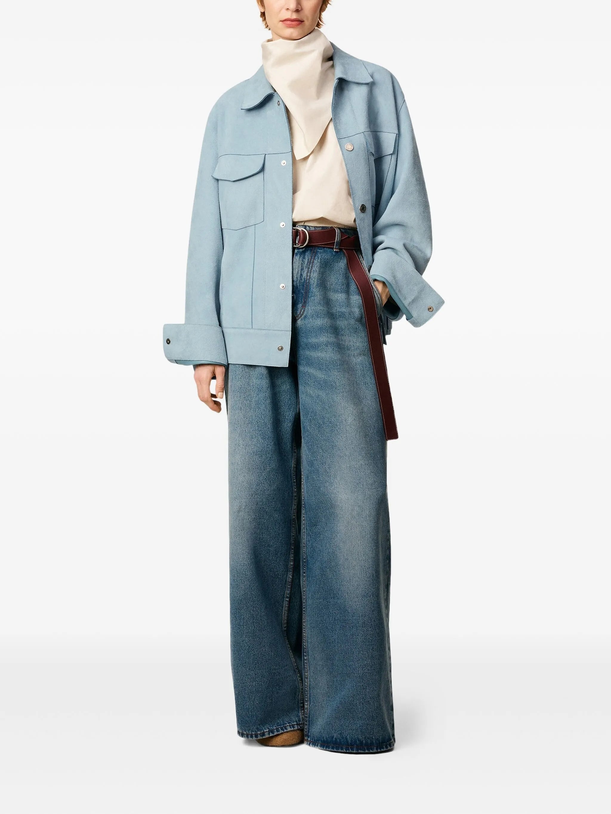 Image of Blue Suede Jacket by Ami PARIS for Unisex - Season Autumn-Winter 2025 - Model view 1