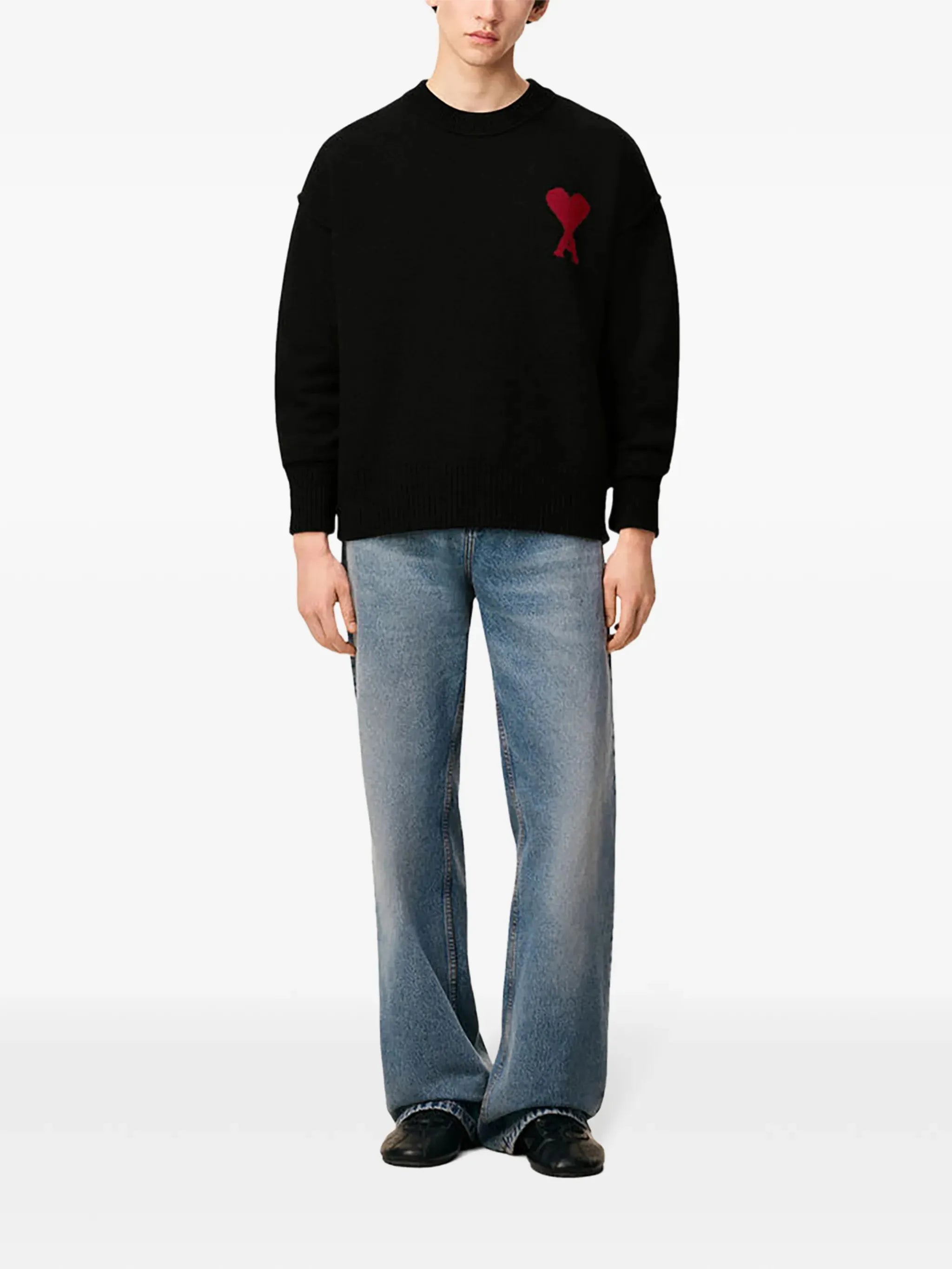 Image of Ami de Coeur Black Sweater by Ami PARIS for Unisex - Season Spring-Summer 2026 - Model view 1