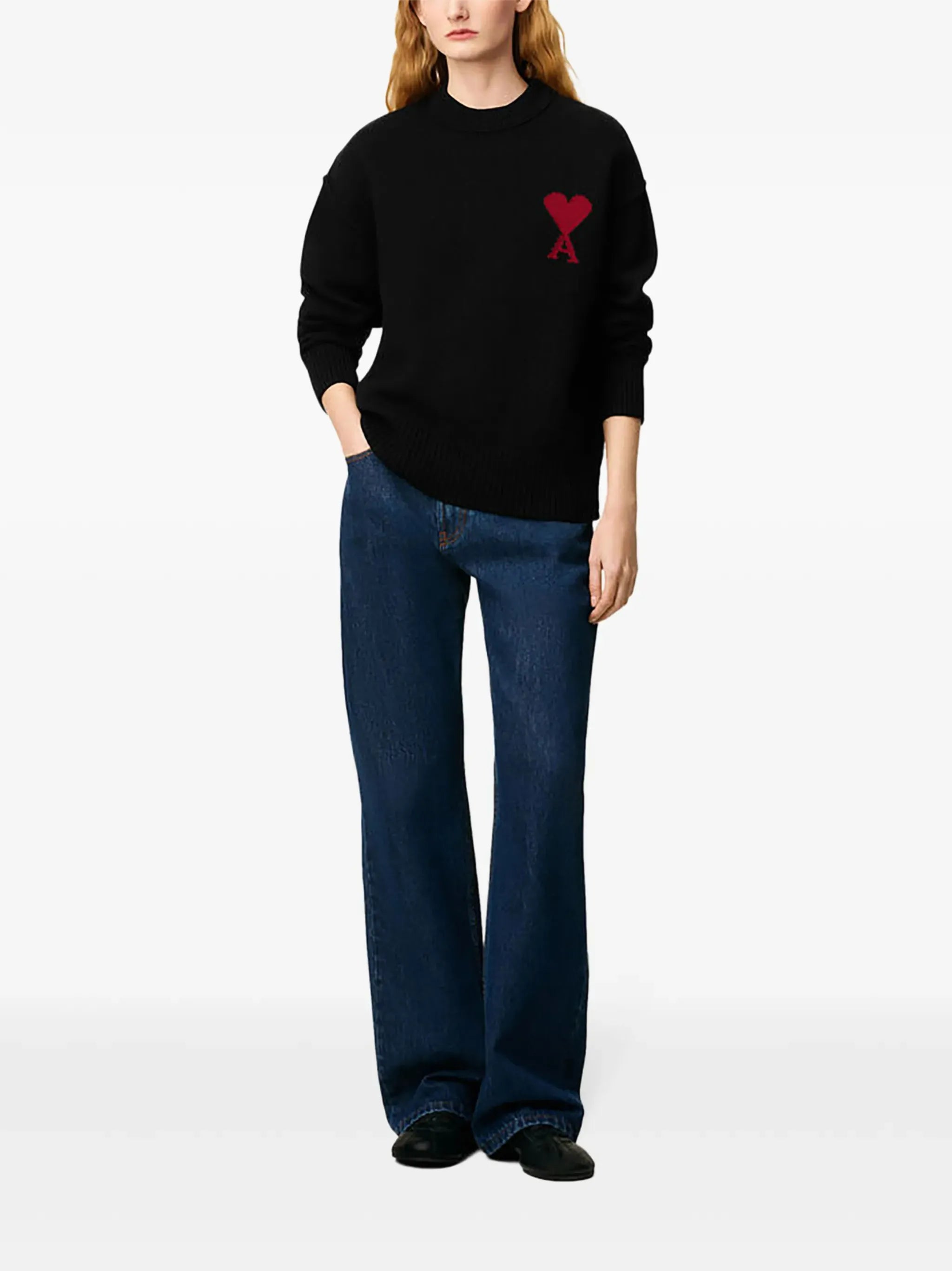 Image of Ami de Coeur Black Sweater by Ami PARIS for Unisex - Season Spring-Summer 2026 - Model view 2