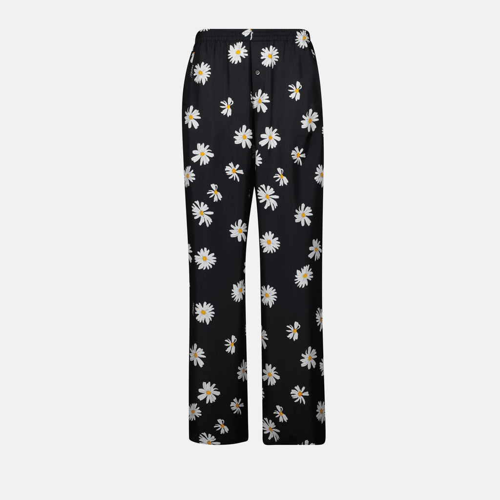 Image of Black Floral Silk Trousers by Moschino for Women - Season Spring-Summer 2025 - Front View