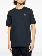 Image of Navy Blue Leather Logo T-Shirt by Moncler for Men - Season Autumn-Winter 2025 - Detail View 1