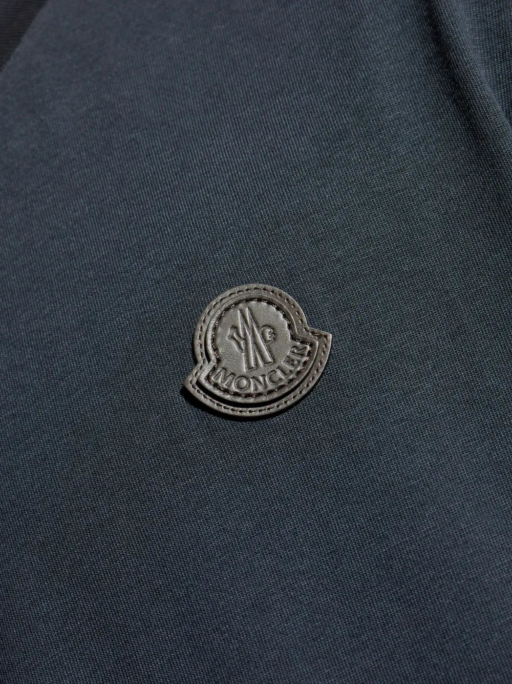 Image of Navy Blue Leather Logo T-Shirt by Moncler for Men - Season Autumn-Winter 2025 - Detail View 7