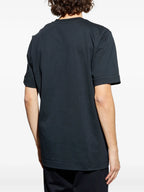 Image of Navy Blue Leather Logo T-Shirt by Moncler for Men - Season Autumn-Winter 2025 - Detail View 6