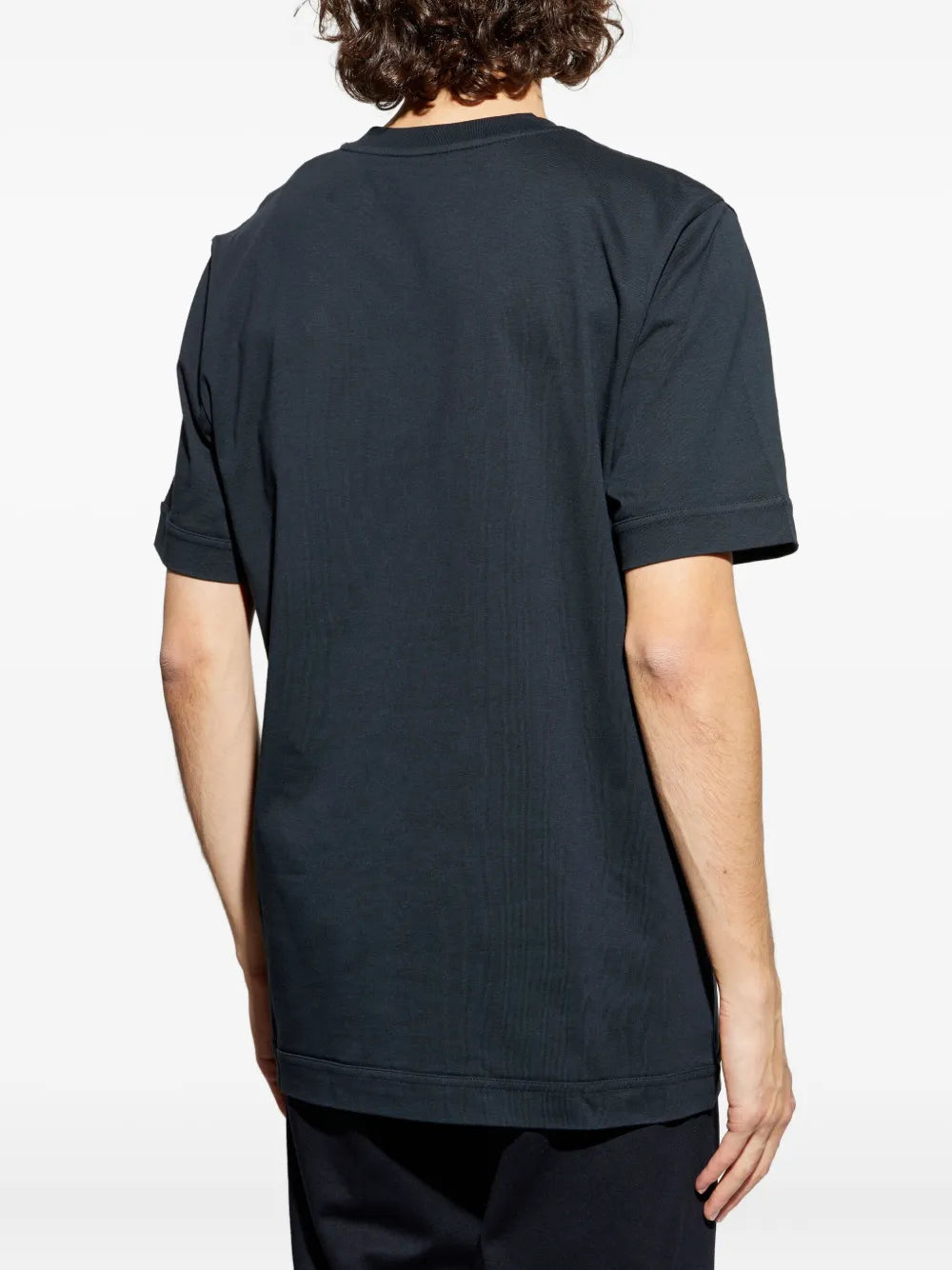 Image of Navy Blue Leather Logo T-Shirt by Moncler for Men - Season Autumn-Winter 2025 - Detail View 6