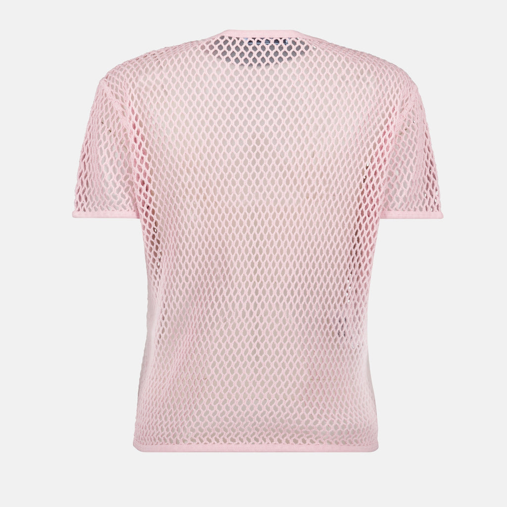 pink cotton top, mesh top, contemporary fashion, short sleeves top, triangle logo top