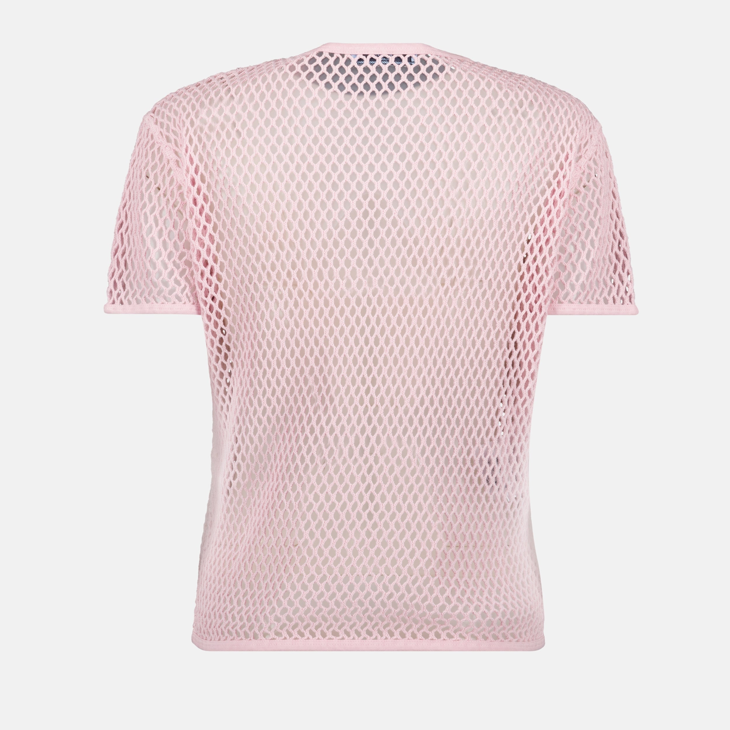 pink cotton top, mesh top, contemporary fashion, short sleeves top, triangle logo top