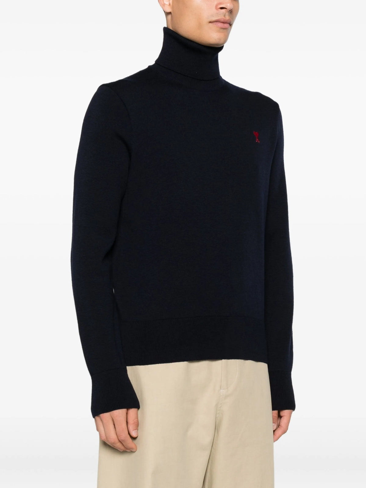 Image of Navy Wool Turtleneck Sweater by Ami PARIS for Men - Season Autumn-Winter 2026 - Model View 2