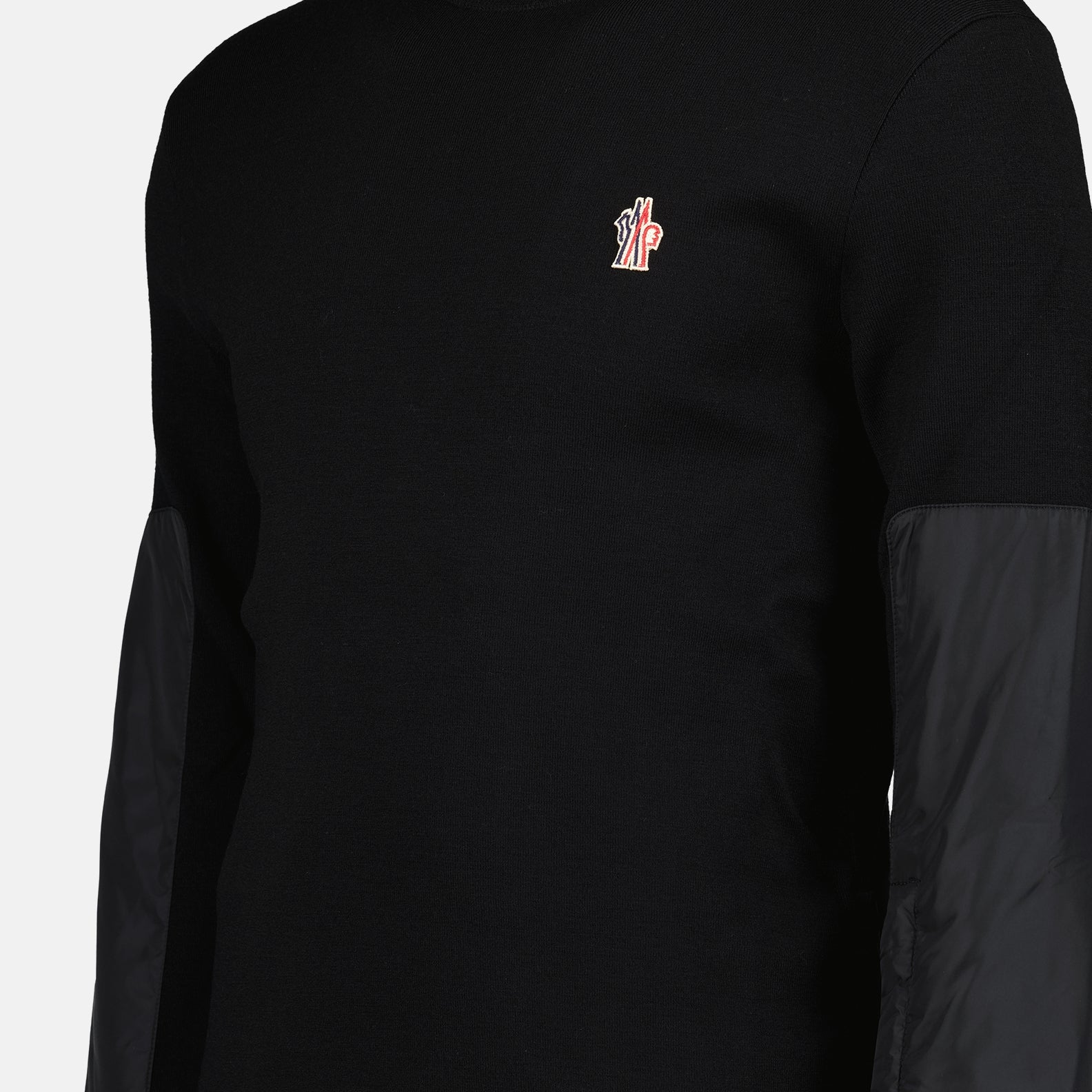 Moncler knit sweater, black sweater, wool nylon blend, embroidered logo, Autumn-Winter 2024