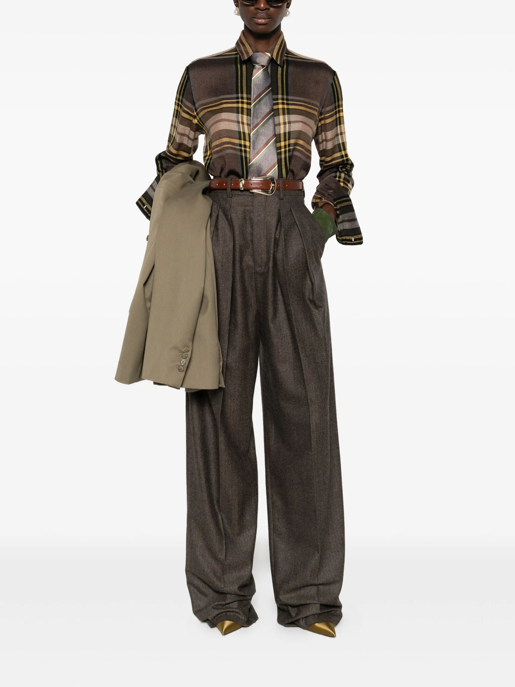 Image of Brown Chevron Trousers by Saint Laurent for Women - Season Autumn-Winter 2025 - Model view 1