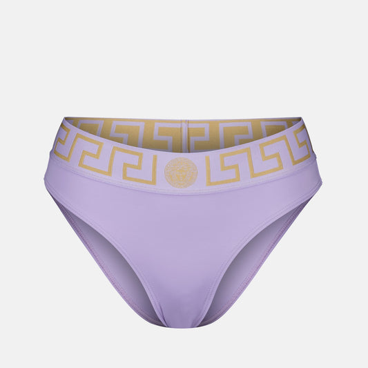 Versace bikini, Greca pattern swimwear, luxury swimwear, purple bikini bottoms, designer beachwear