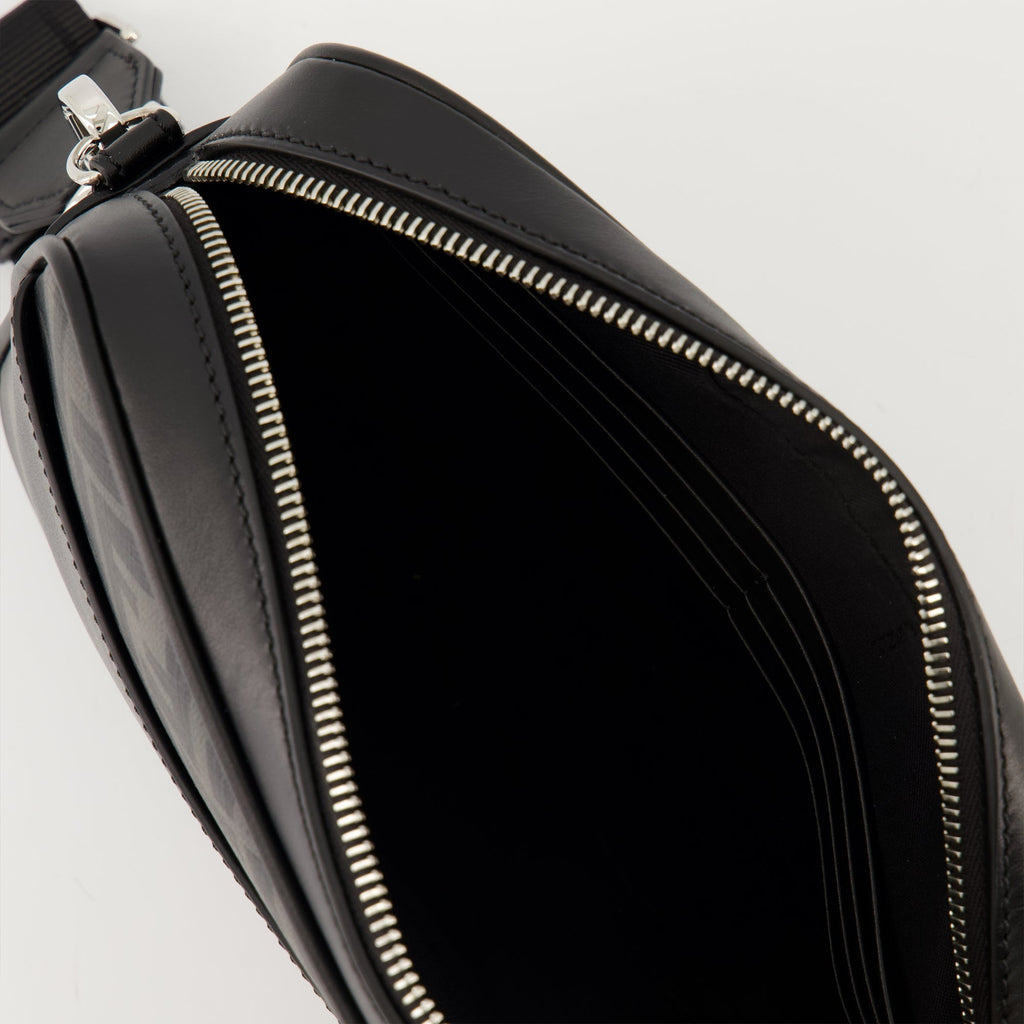 Fendi Camera Bag, Black Leather Bag, Embroidered Canvas Accessory, Adjustable Shoulder Strap, Metallic Logo Bag