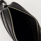 Fendi Camera Bag, Black Leather Bag, Embroidered Canvas Accessory, Adjustable Shoulder Strap, Metallic Logo Bag