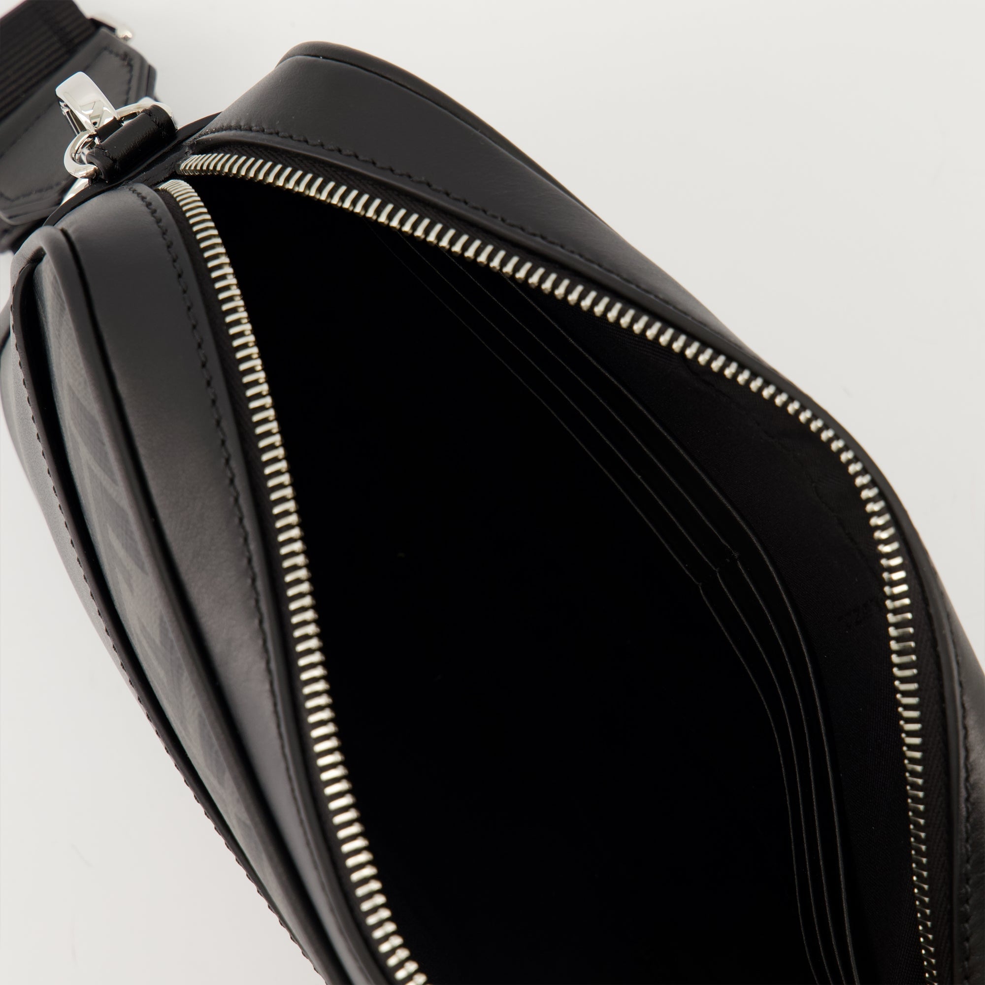 Fendi Camera Bag, Black Leather Bag, Embroidered Canvas Accessory, Adjustable Shoulder Strap, Metallic Logo Bag