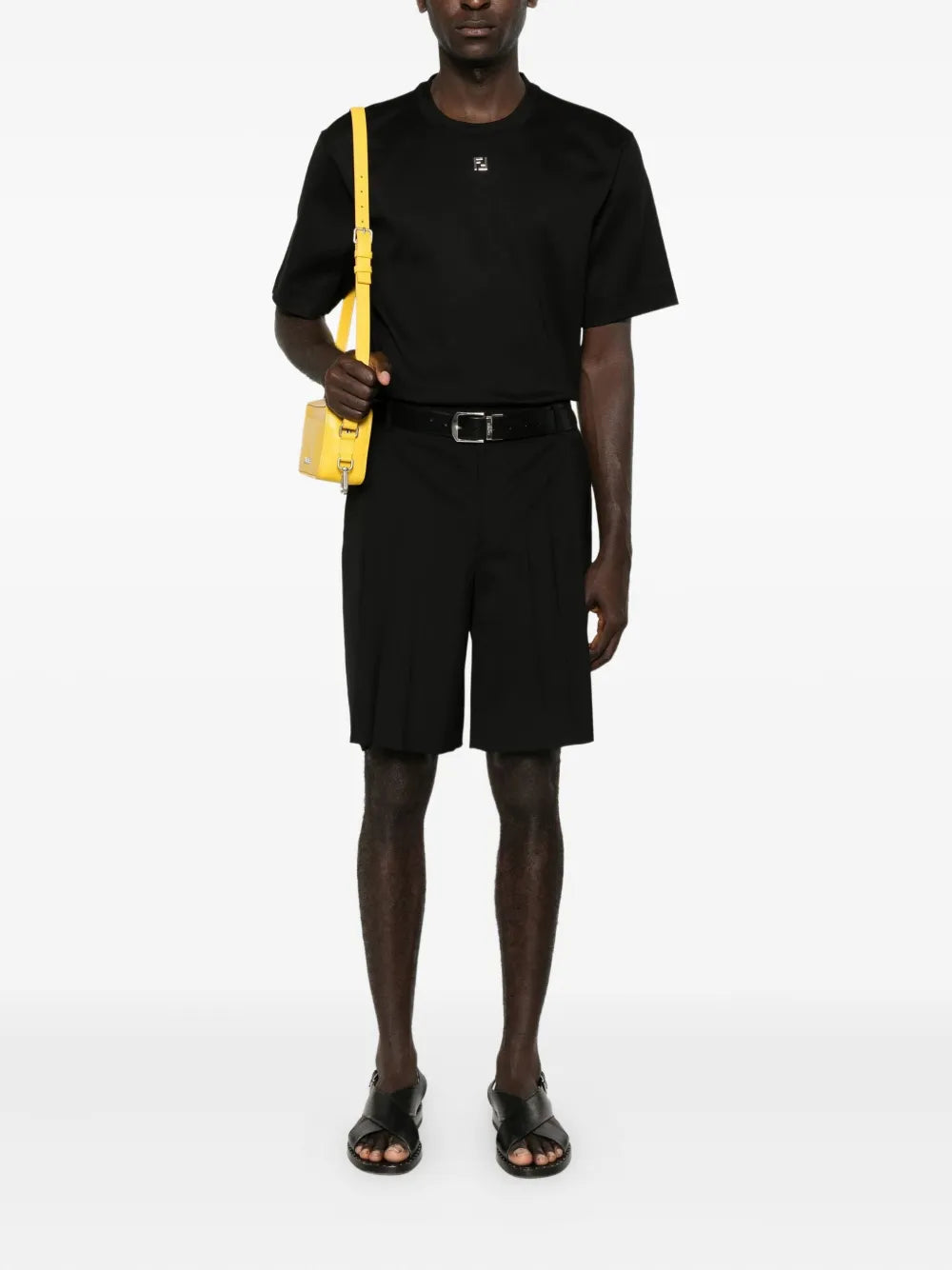 Image of Black Cotton T-Shirt with FF Metal Logo by Fendi for Men - Season Spring-Summer 2025 - Model view 1