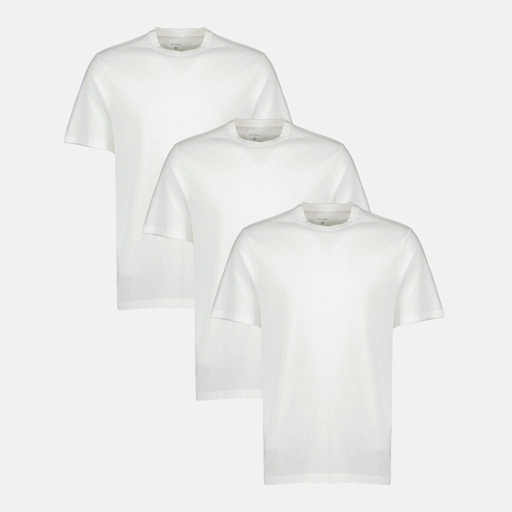 Bilde av et sett med tre hvite bomull T-skjorter fra Officine Générale for menn - Sesong Vår-Sommer 2026 - Frontvisning