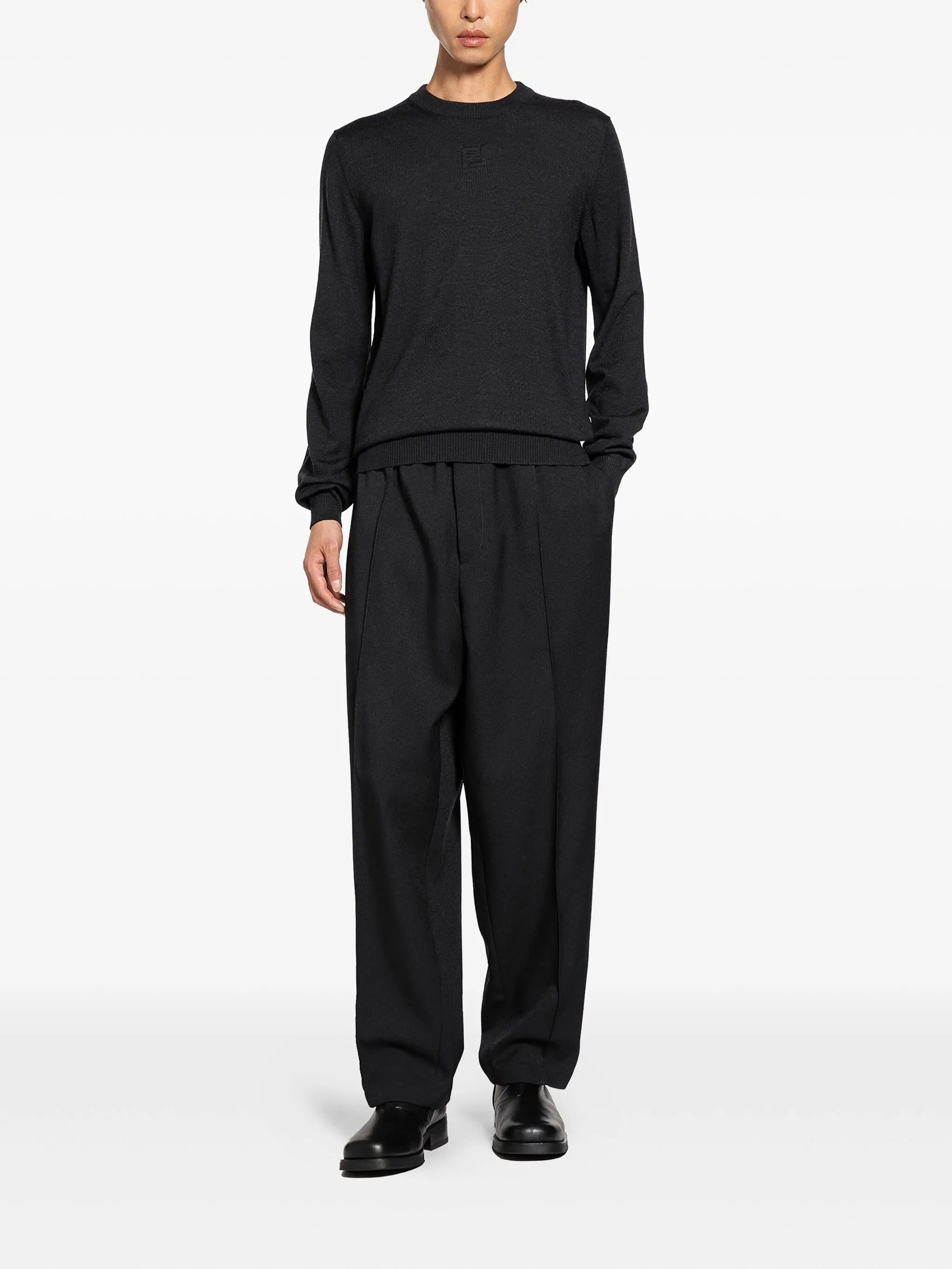 Image of Dark Grey Wool Knit Pullover by Fendi for Men - Season Autumn-Winter 2025 - Model view 1